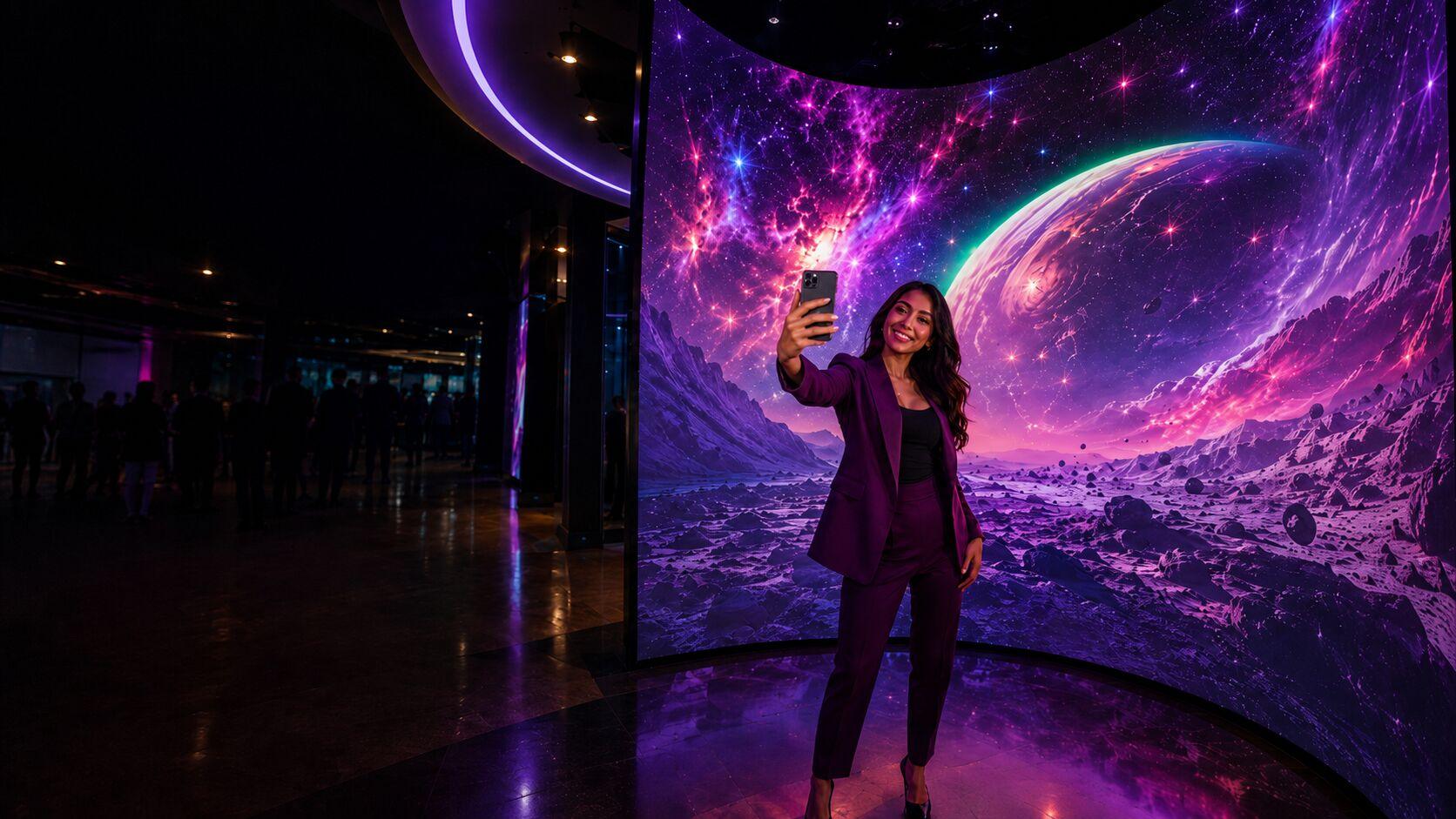 Guests at a large LED selfie wall at an event