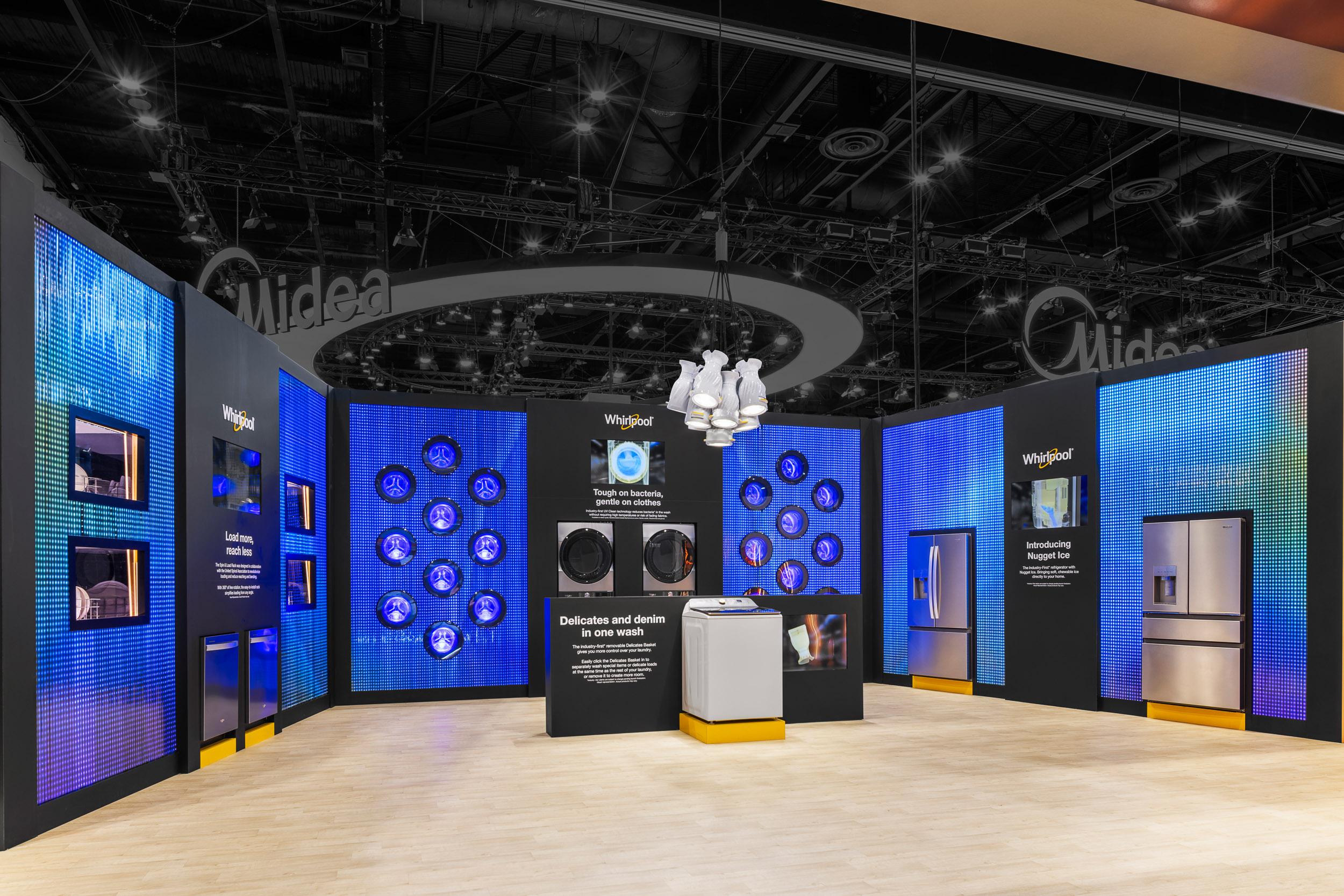 Whirlpool at KBIS: Five LED systems for four Whirlpool brands in one booth at KBIS 2026 - 437 tiles across three pixel pitches and three different ways of mounting them, plus audio, network and crew.